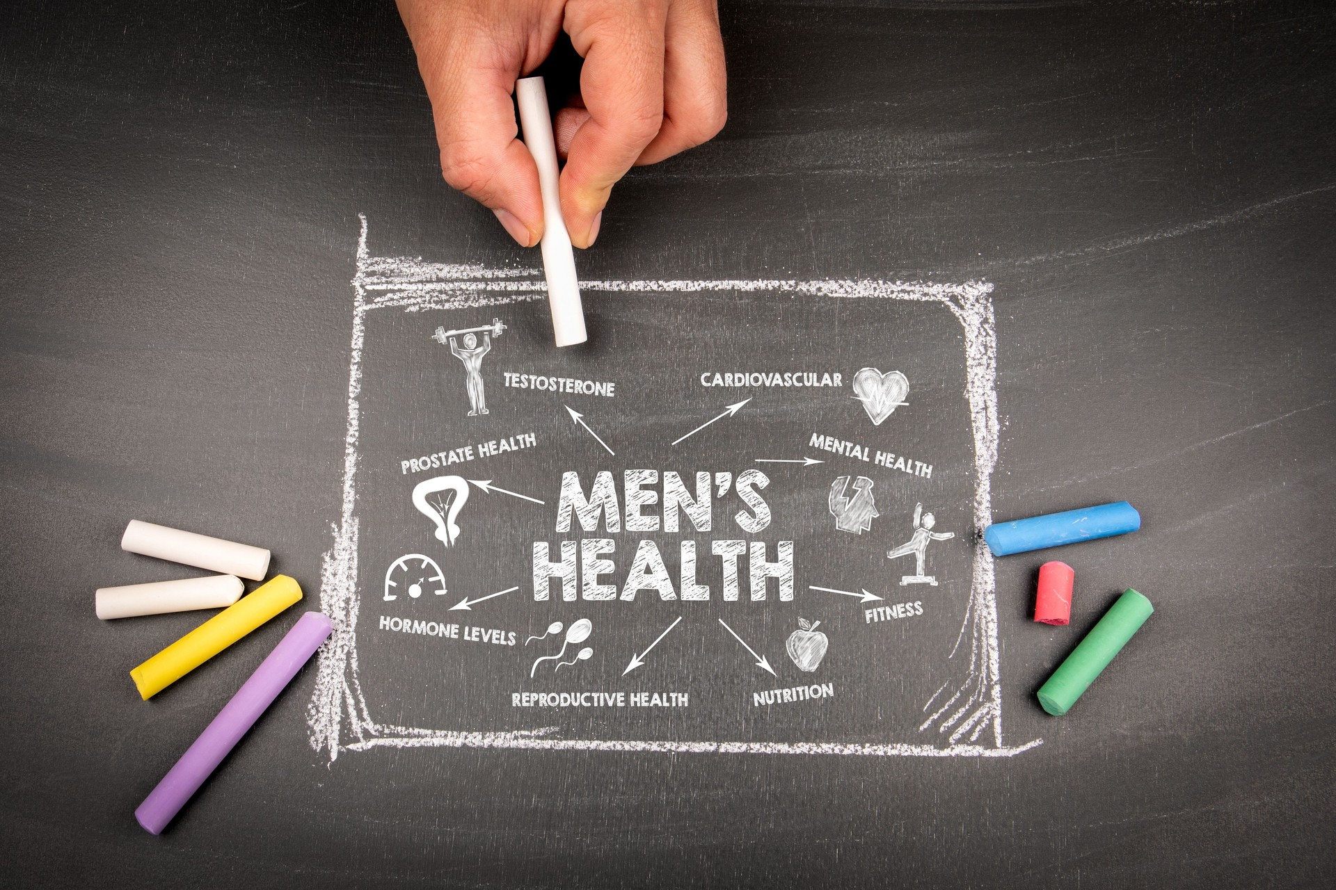 Men's Health Concept. Illustration with icons, keywords and arrows on a dark chalk board